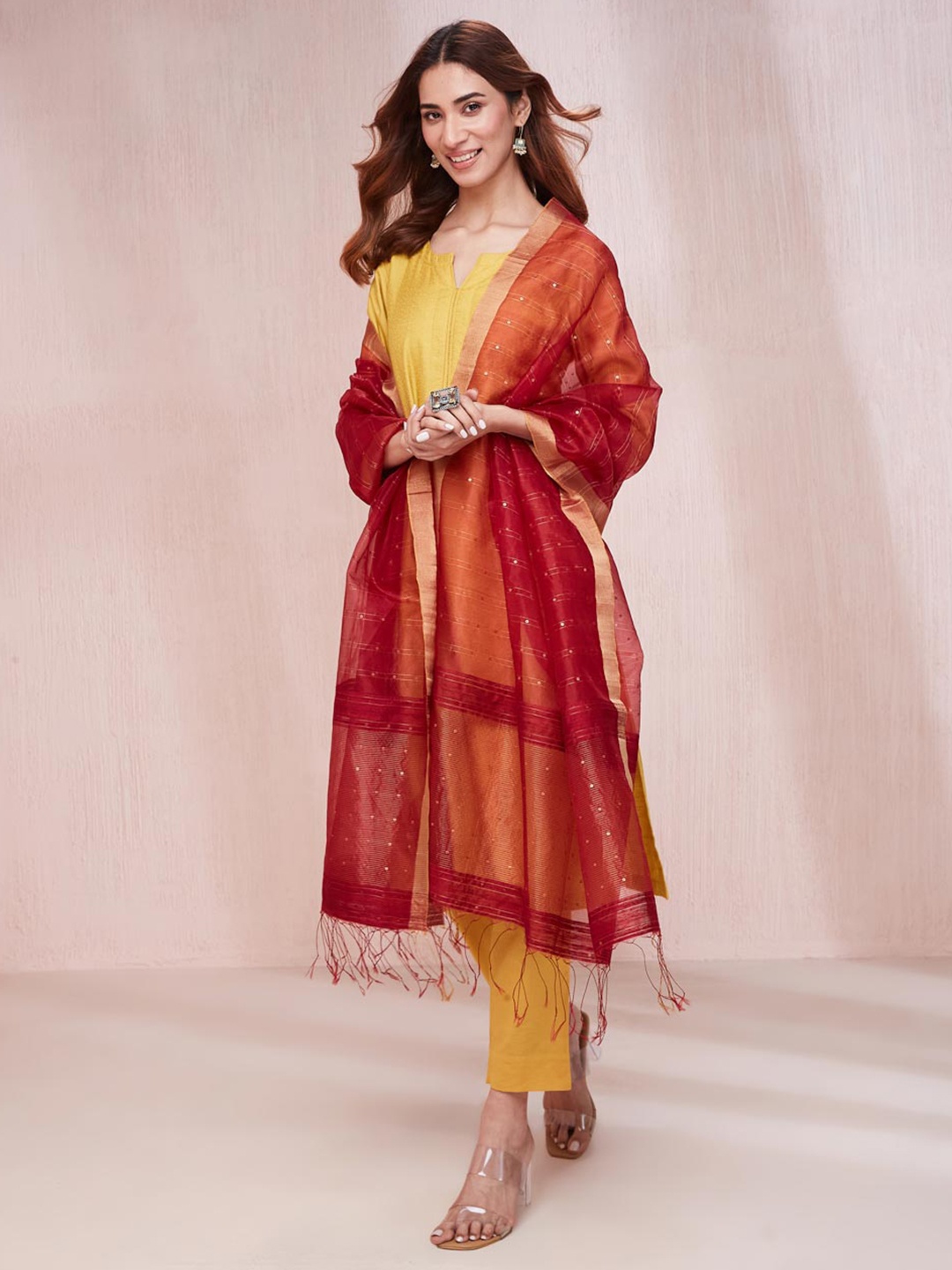 

Fabindia Striped Dupatta with Sequinned, Maroon