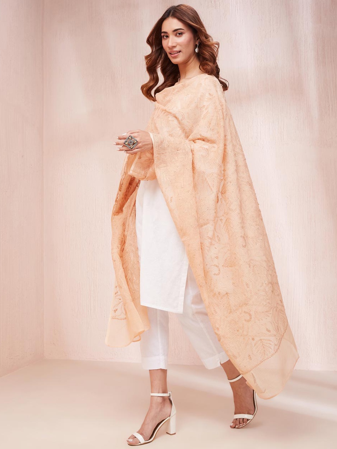

Fabindia Embroidered Sequinned Cotton Silk Dupatta, Beige