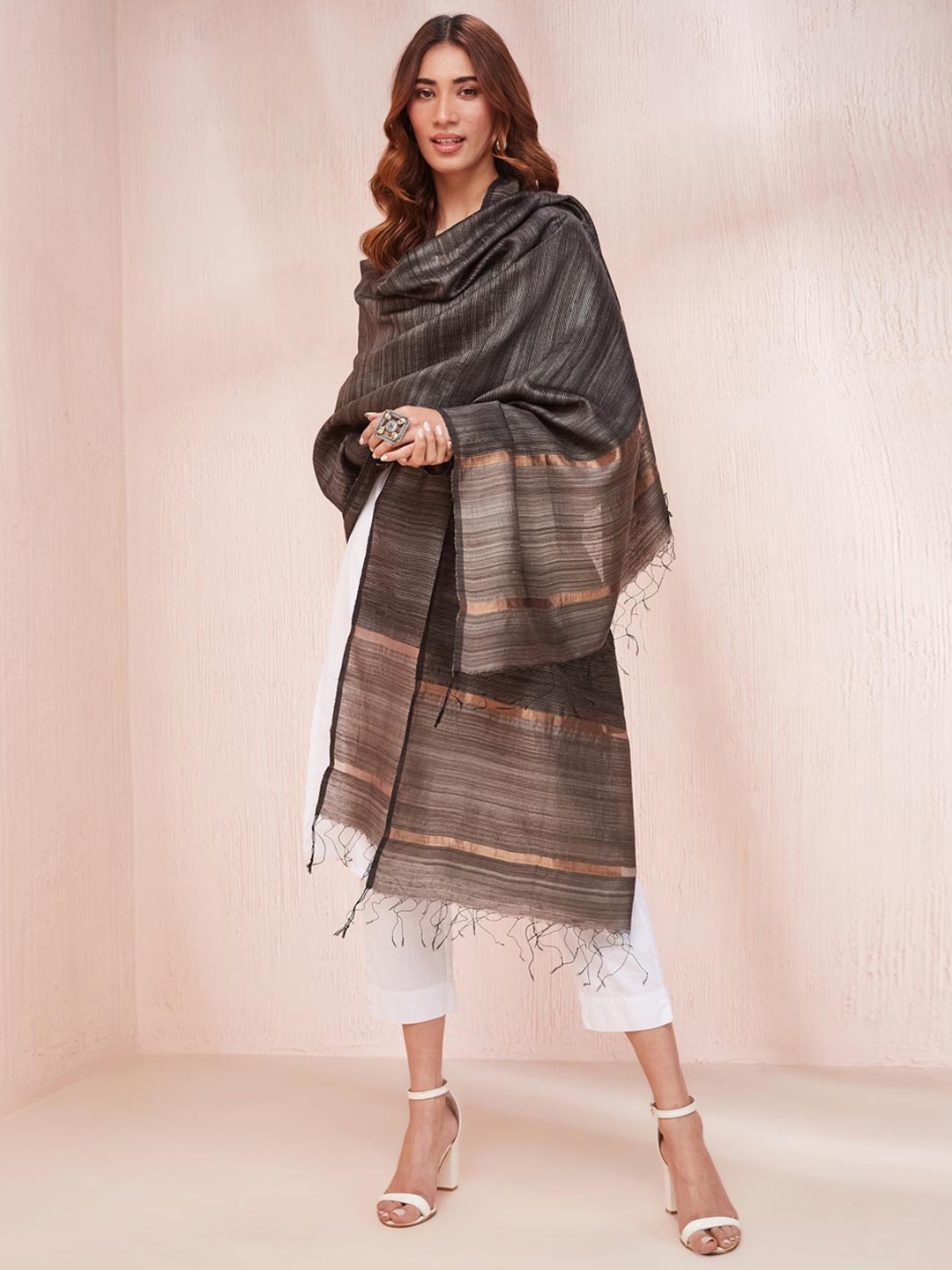 

Fabindia Striped Woven Design Dupatta, Black