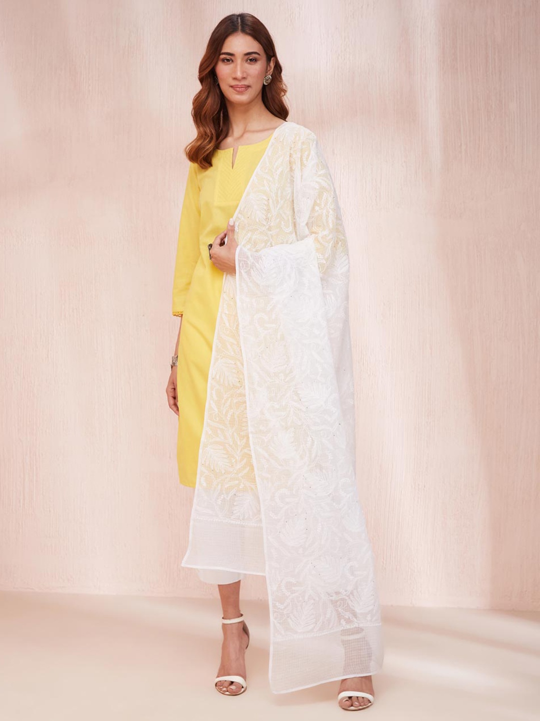 

Fabindia Embroidered Cotton Silk Dupatta with Chikankari, White