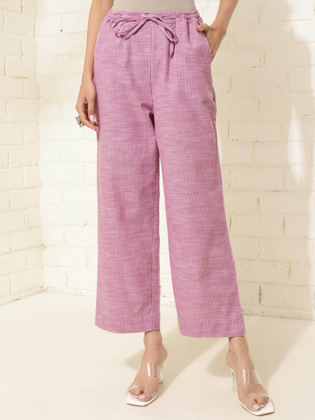 

Fabindia Women Striped Cotton Parallel Trousers, Pink