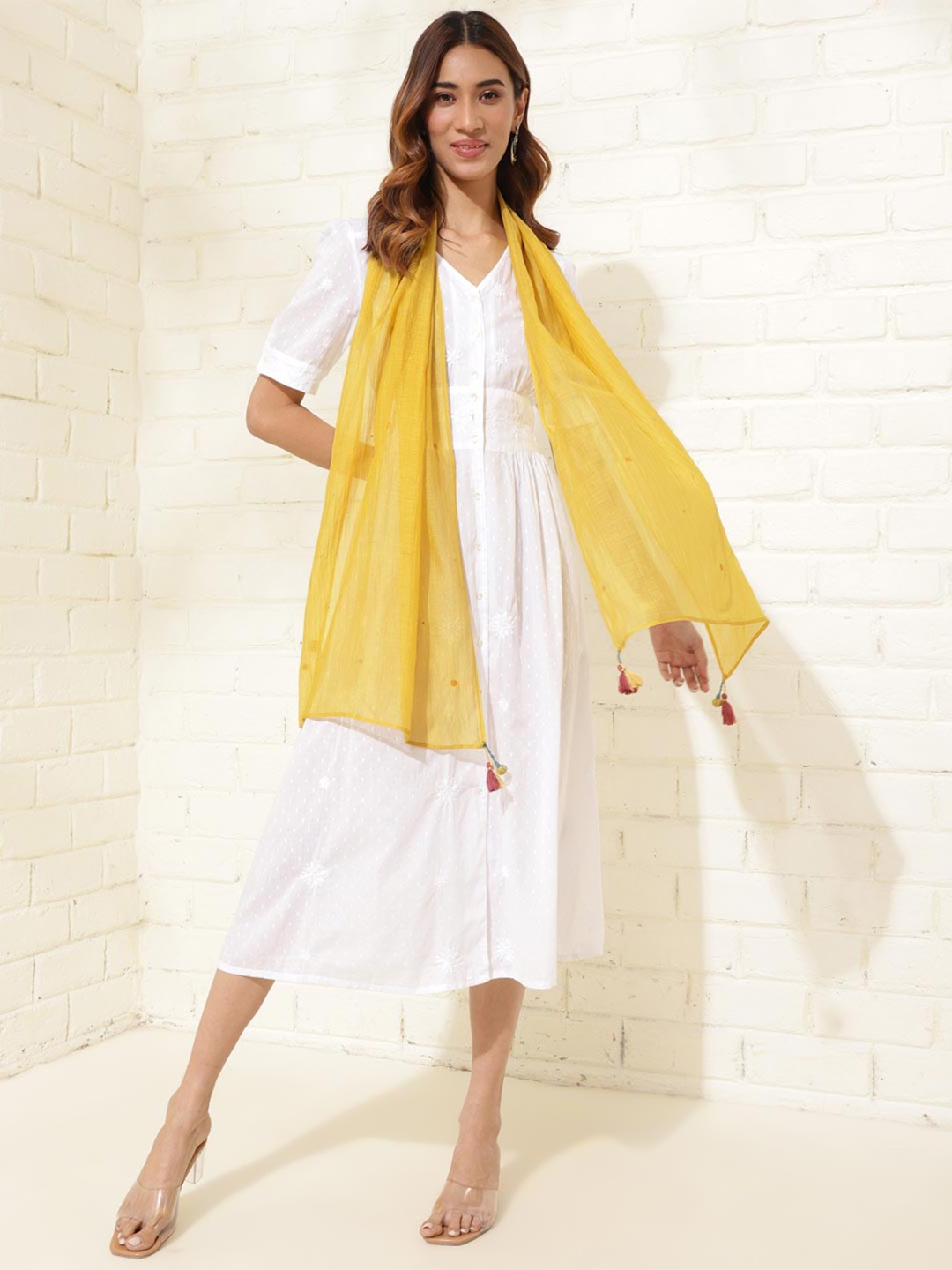 

Fabindia Embroidered Cotton Silk Stole, Yellow