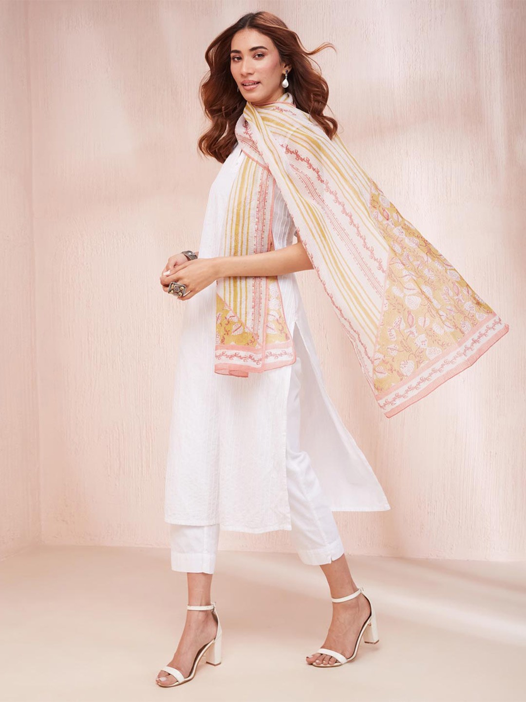 

Fabindia Cotton Silk Hand Block Printed Stole, Yellow