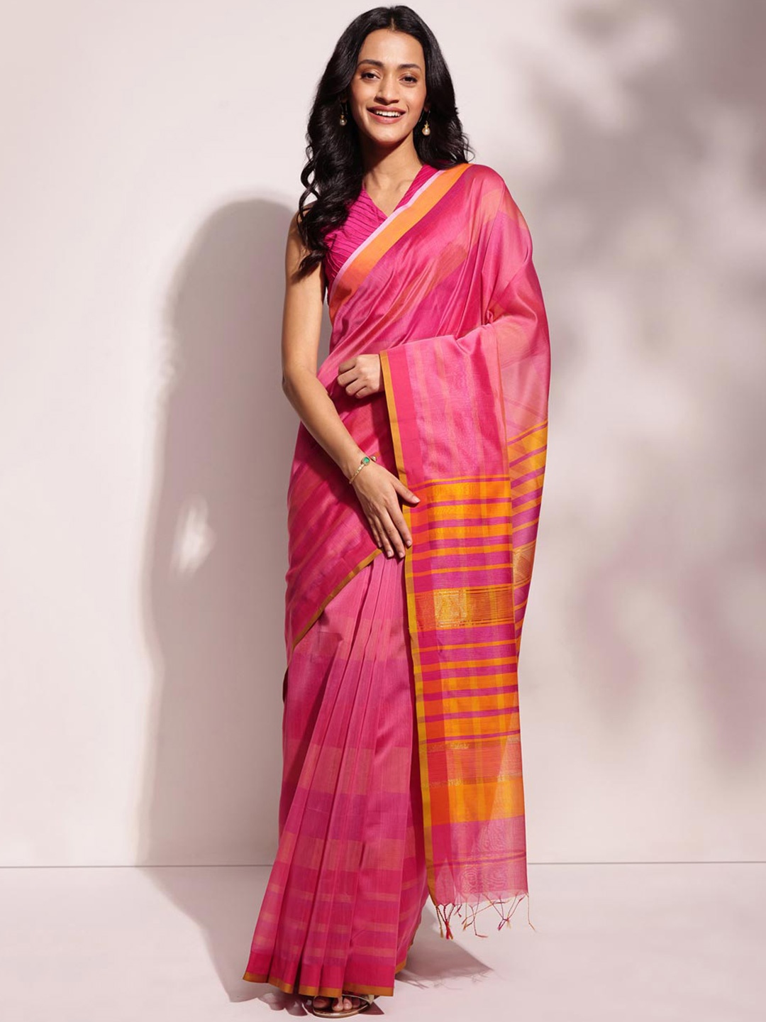 

Fabindia Zari Silk Cotton Saree, Pink