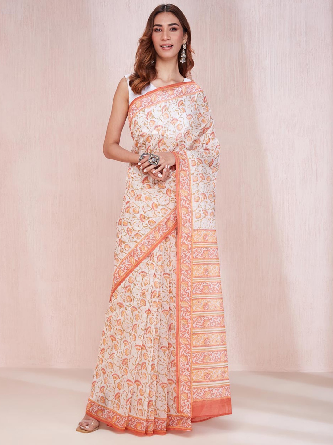 

Fabindia Cotton Silk Hand Block Printed Sari, White