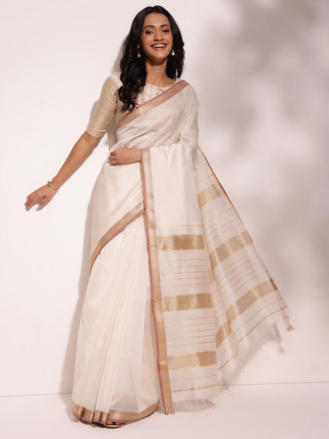 

Fabindia Woven Design Zari Silk Cotton Saree, White