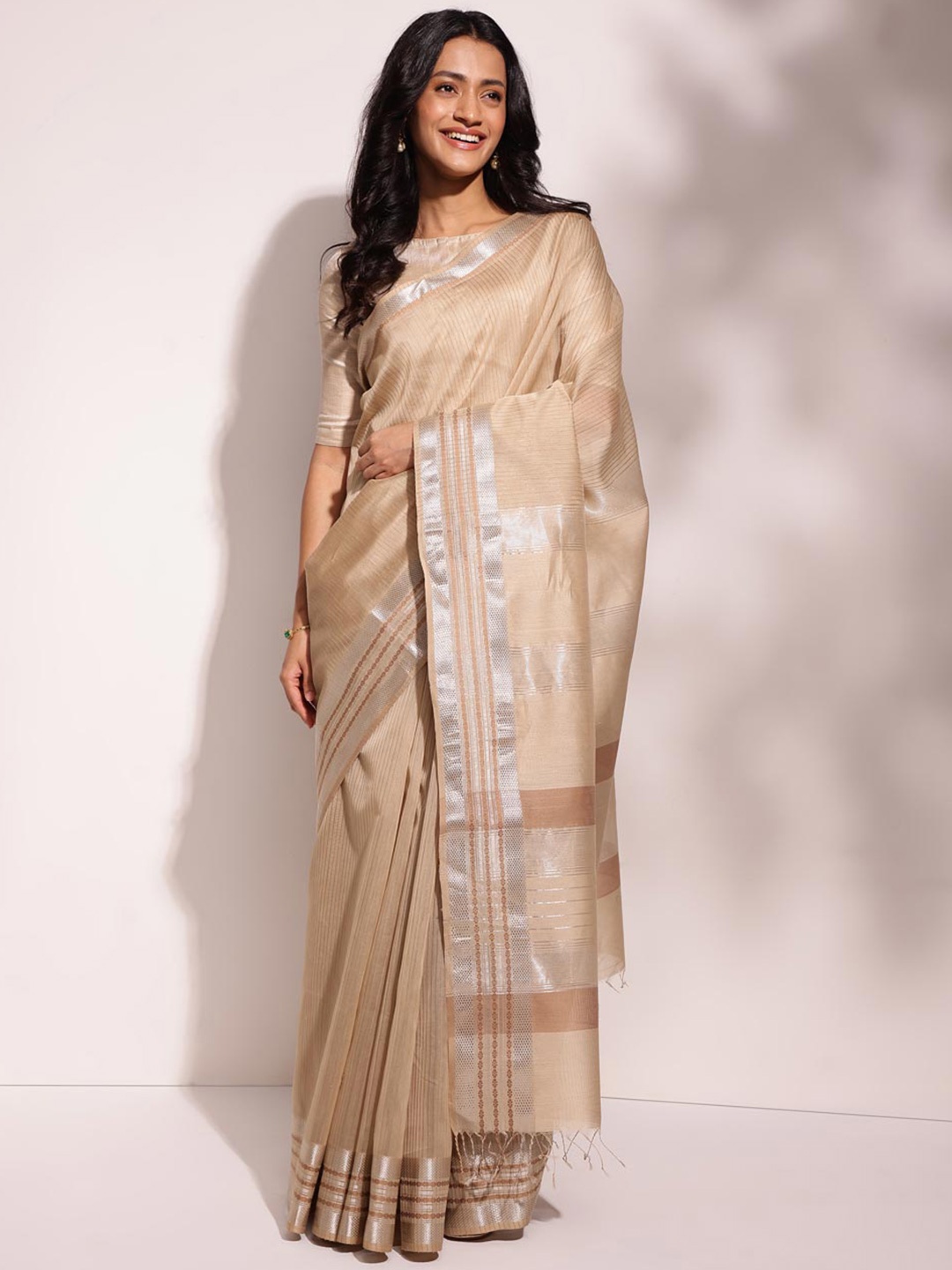 

Fabindia Striped Zari Silk Cotton Saree, Beige