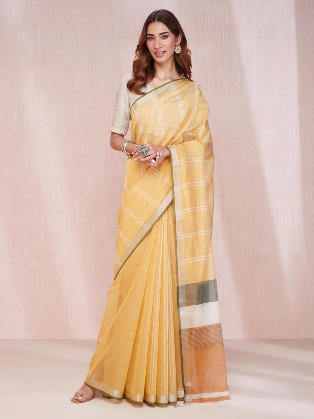 

Fabindia Striped Zari Saree, Mustard