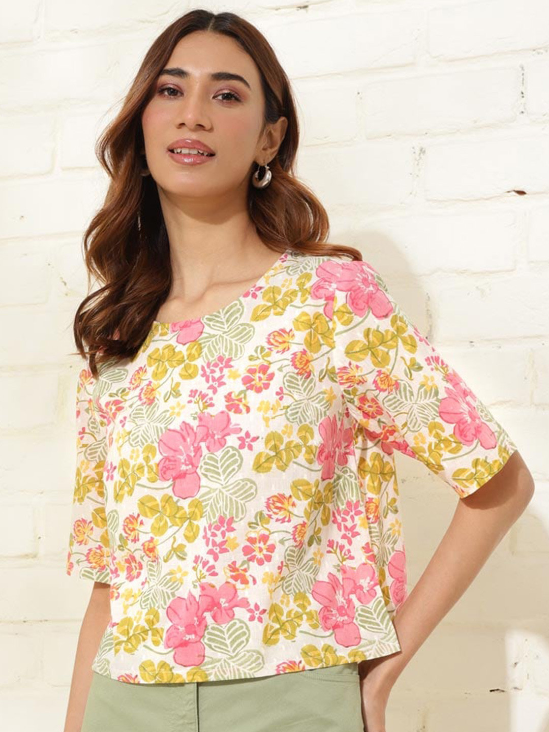 

Fabindia Floral Printed Cotton Top, Pink