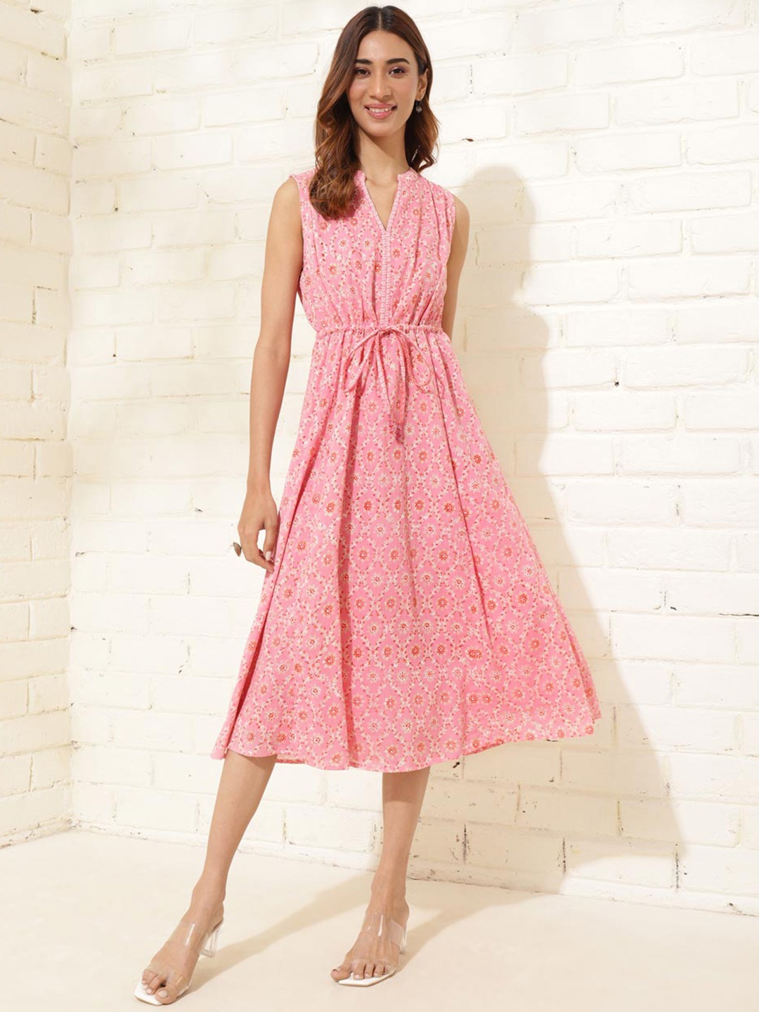 

Fabindia Floral Printed V-Neck Sleeveless Cotton A-Line Midi Dress, Pink