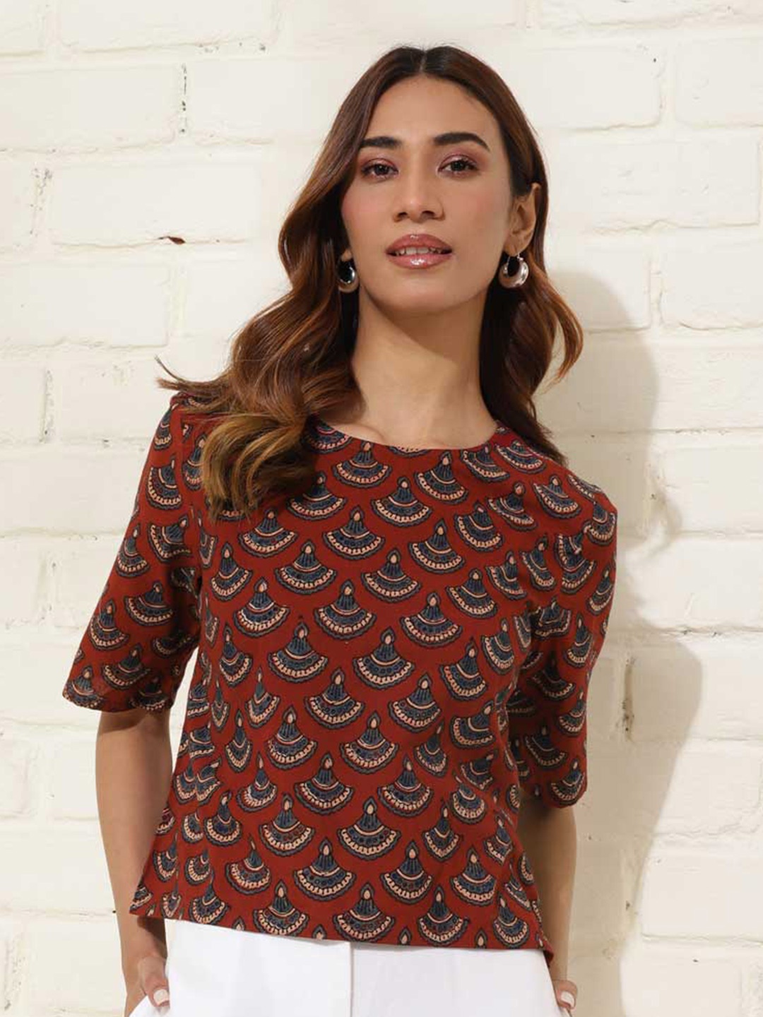 

Fabindia Ethnic Motifs Printed Round Neck Cotton Regular Top, Red