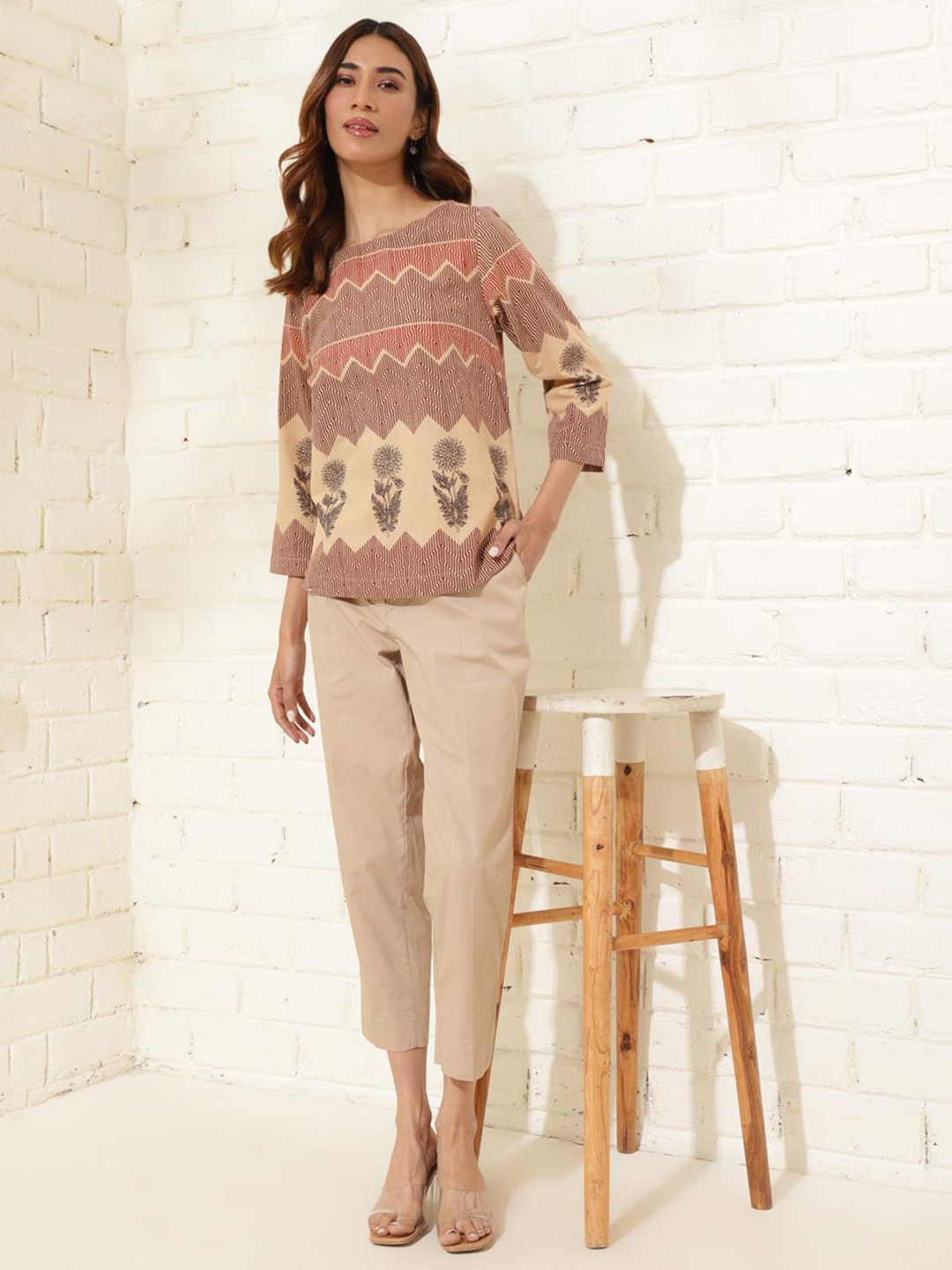 

Fabindia Geometric Print Cotton Top, Beige