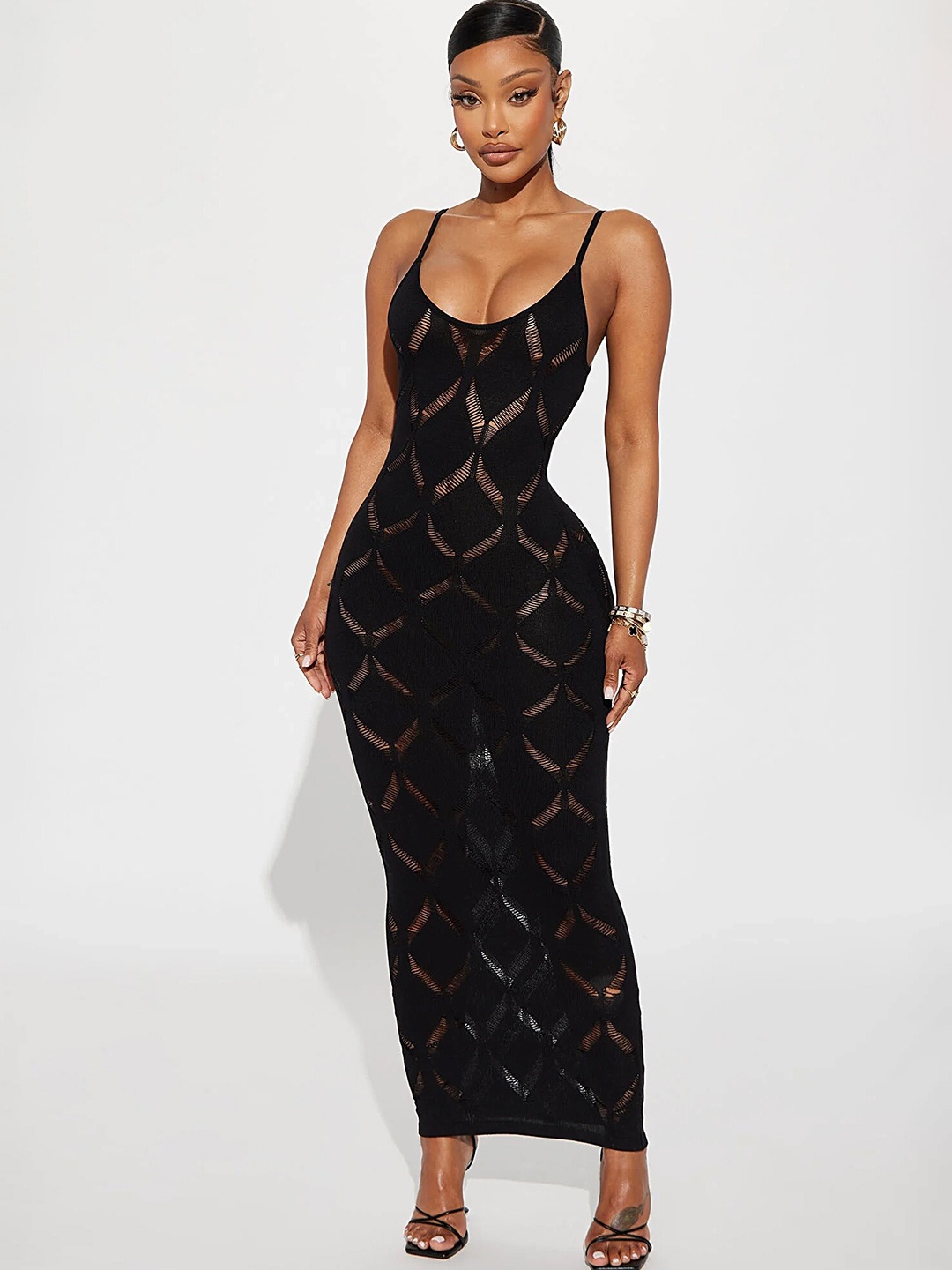 

LULU & SKY Self Design Sleeveless Acrylic Bodycon Dress, Black