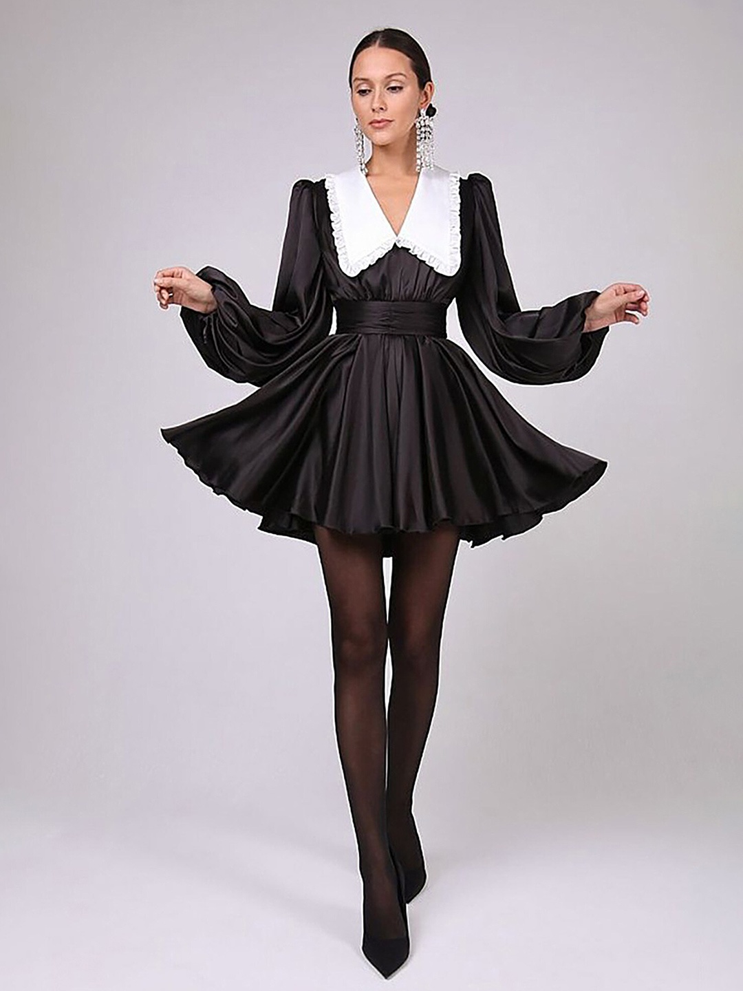 

LULU & SKY Peter Pan Collar Puff Sleeves Fit & Flare Dress, Black