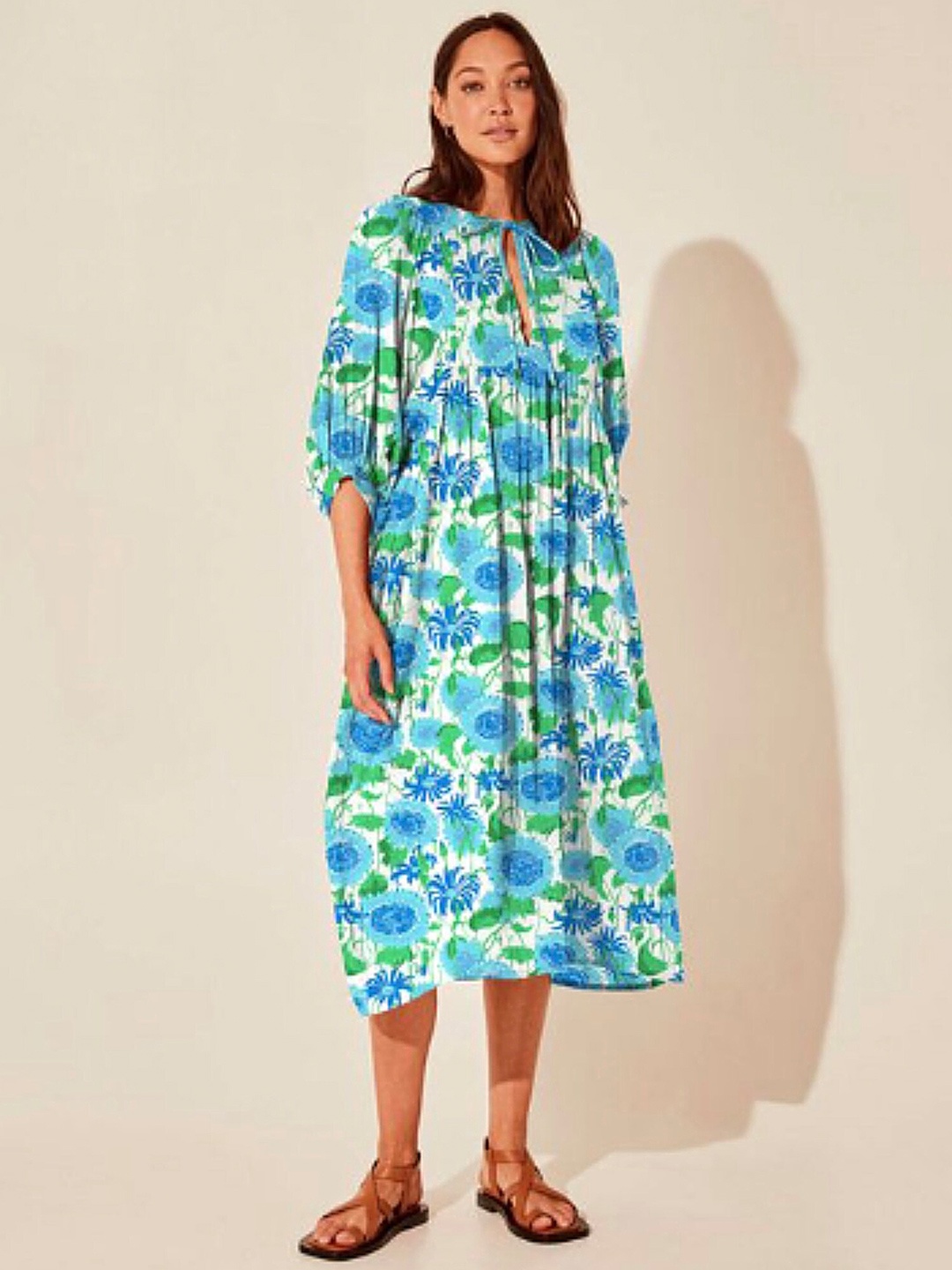 

LULU & SKY Floral Printed Puff Sleeves Tie-up Front Midi A-Line Dress, Blue