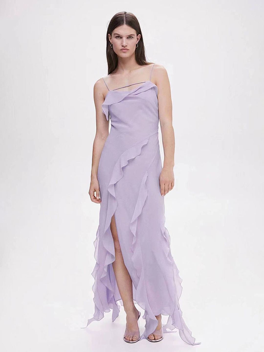 

LULU & SKY Shoulder Strap Ruffled Sheath Maxi Dress, Purple