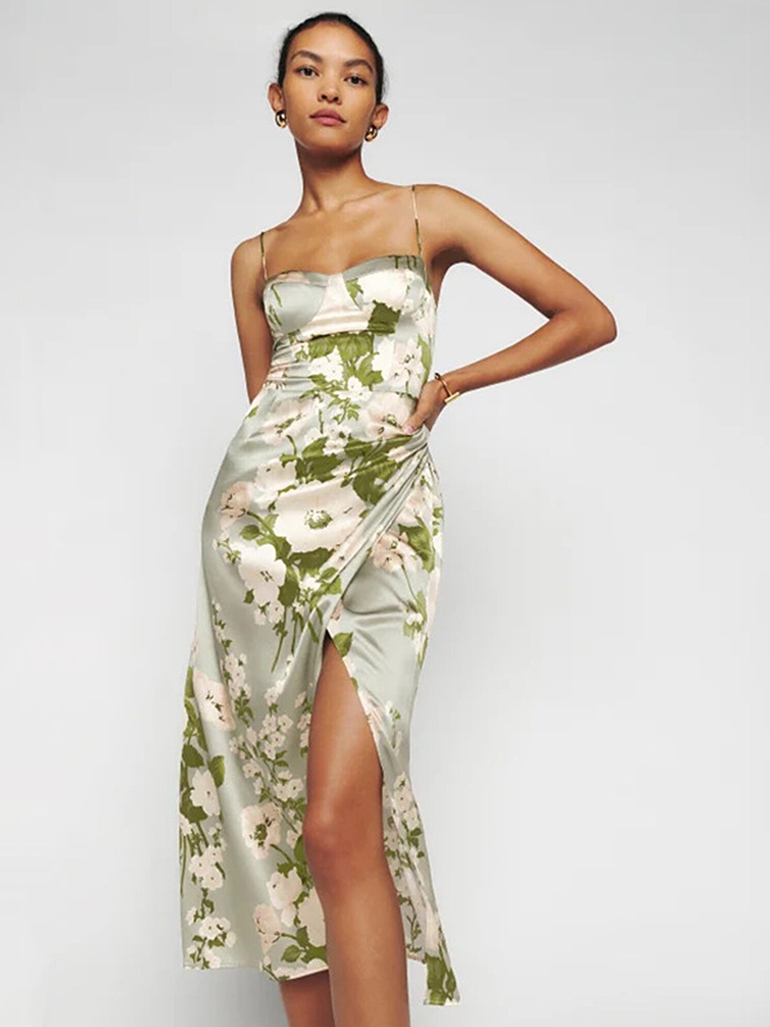

LULU & SKY Floral Printed Shoulder Straps Midi Sheath Dress, Green