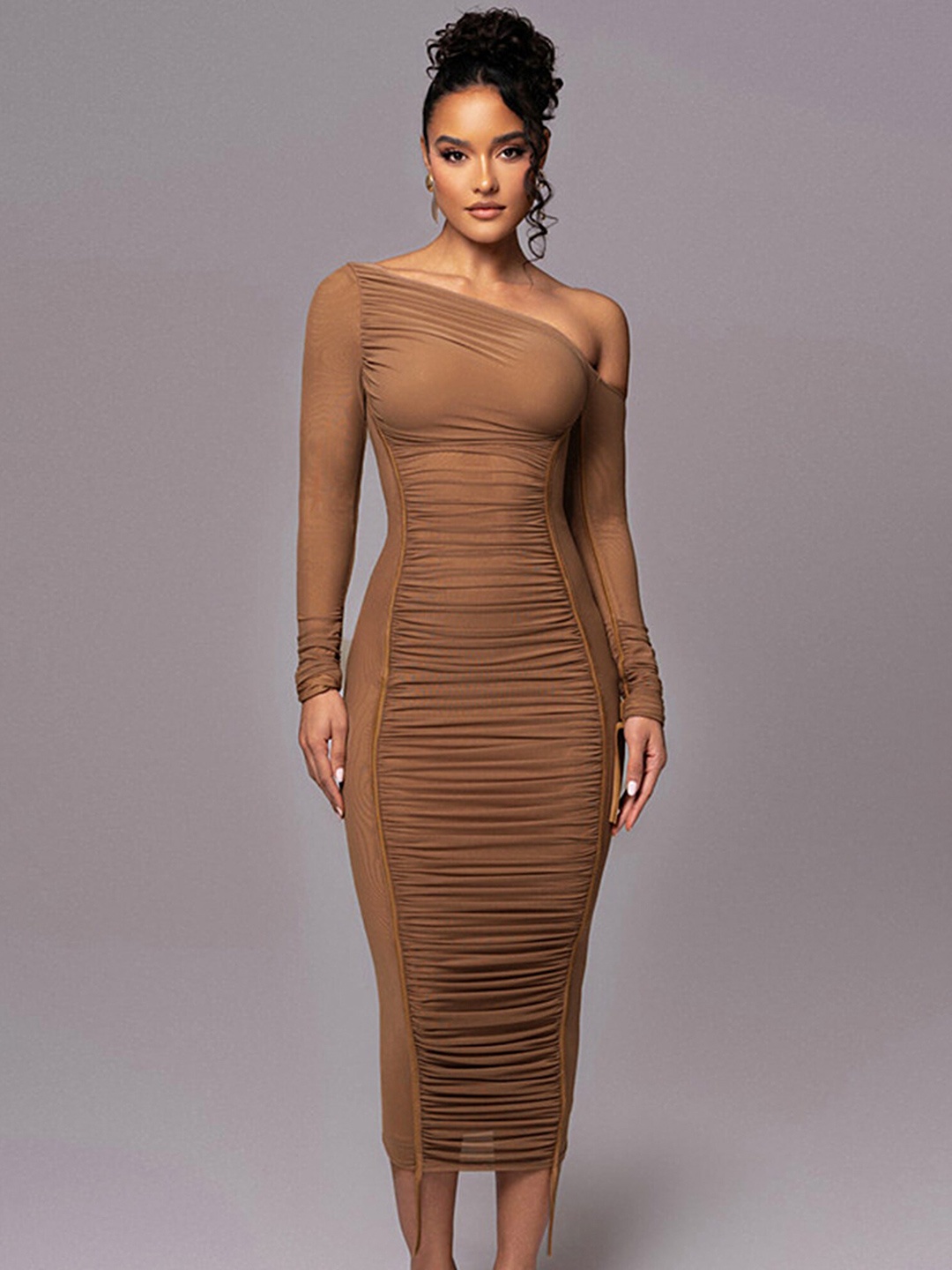 

LULU & SKY One Shoulder Long Sleeves Bodycon Dress, Brown