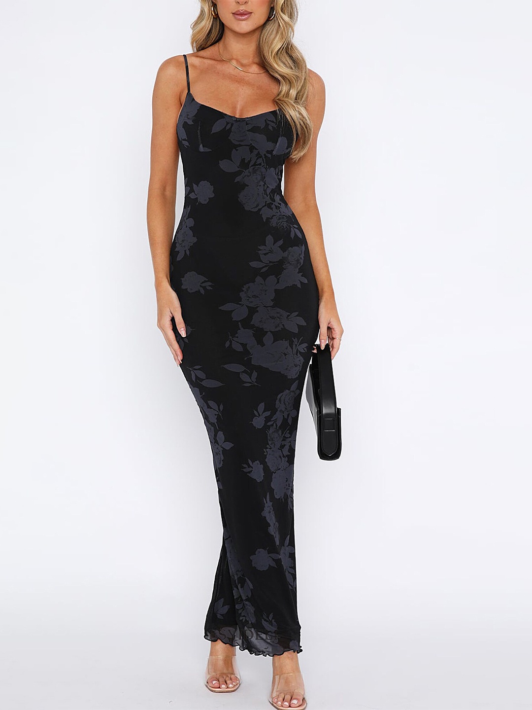 

LULU & SKY Floral Printed Shoulder Straps Maxi Dress, Black