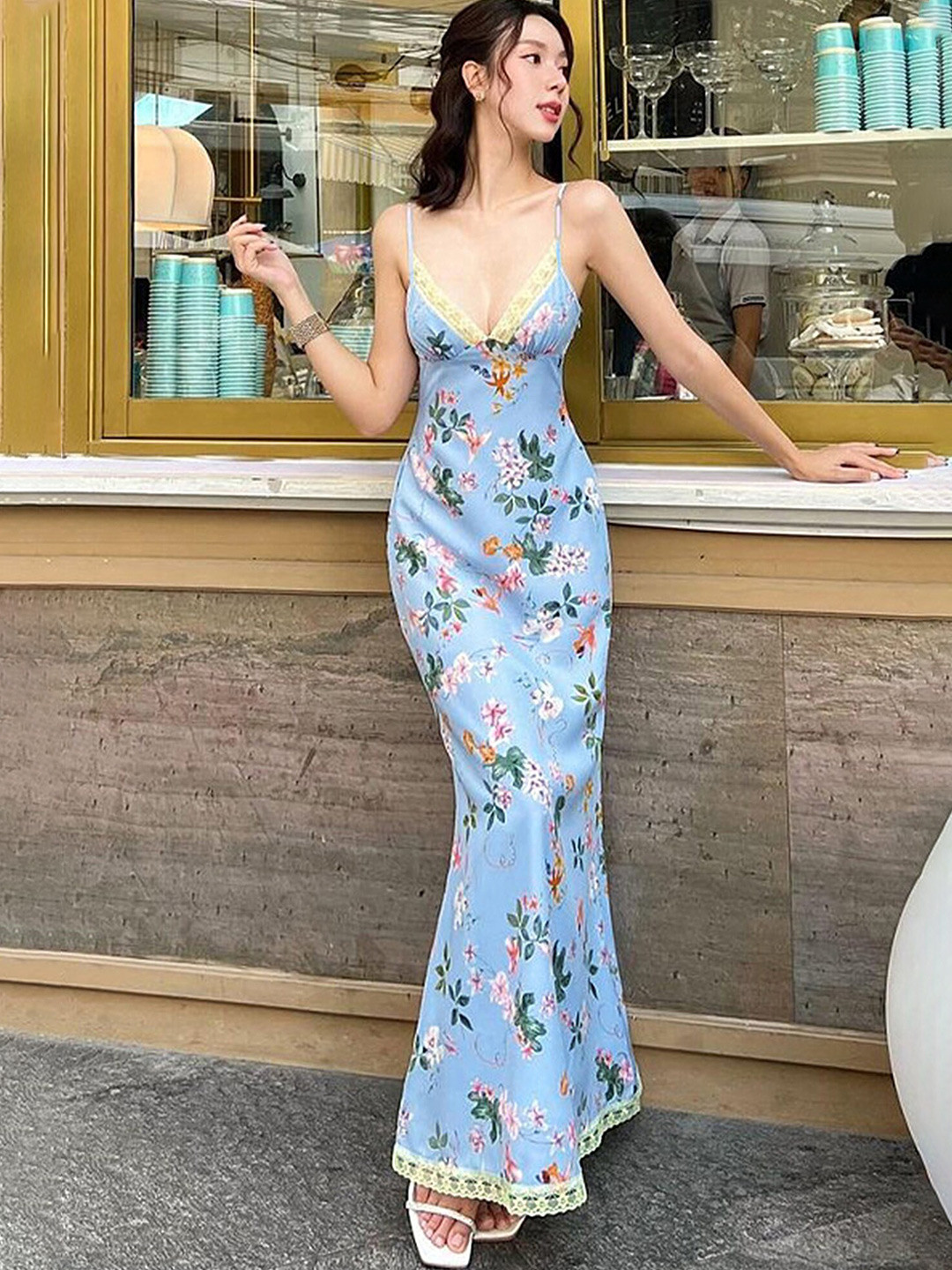 

LULU & SKY Floral Printed Shoulder Straps Maxi Sheath Dress, Blue