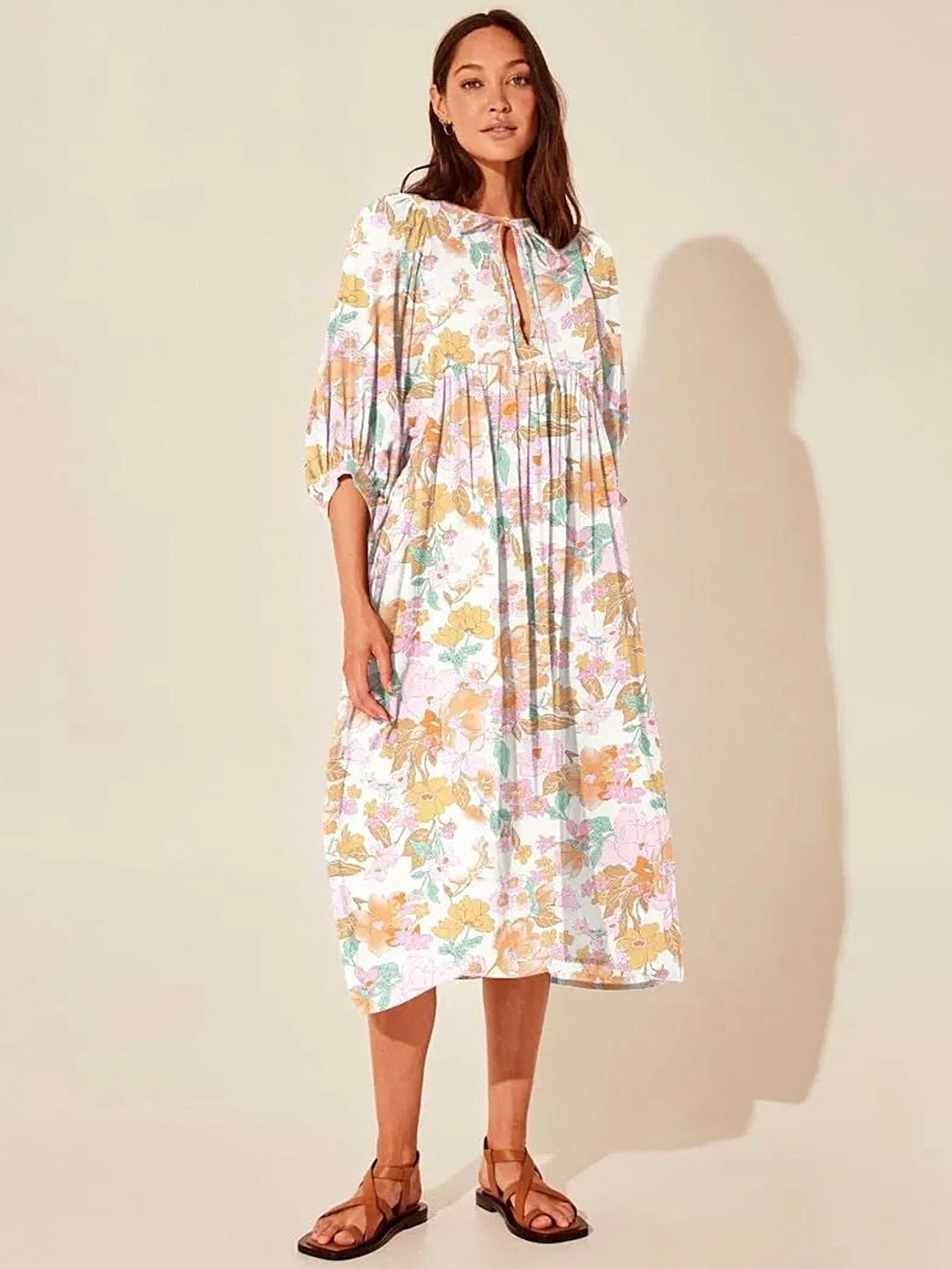 

LULU & SKY Tie Up Neck Puff Sleeves Fit and Flare Midi Dress, White