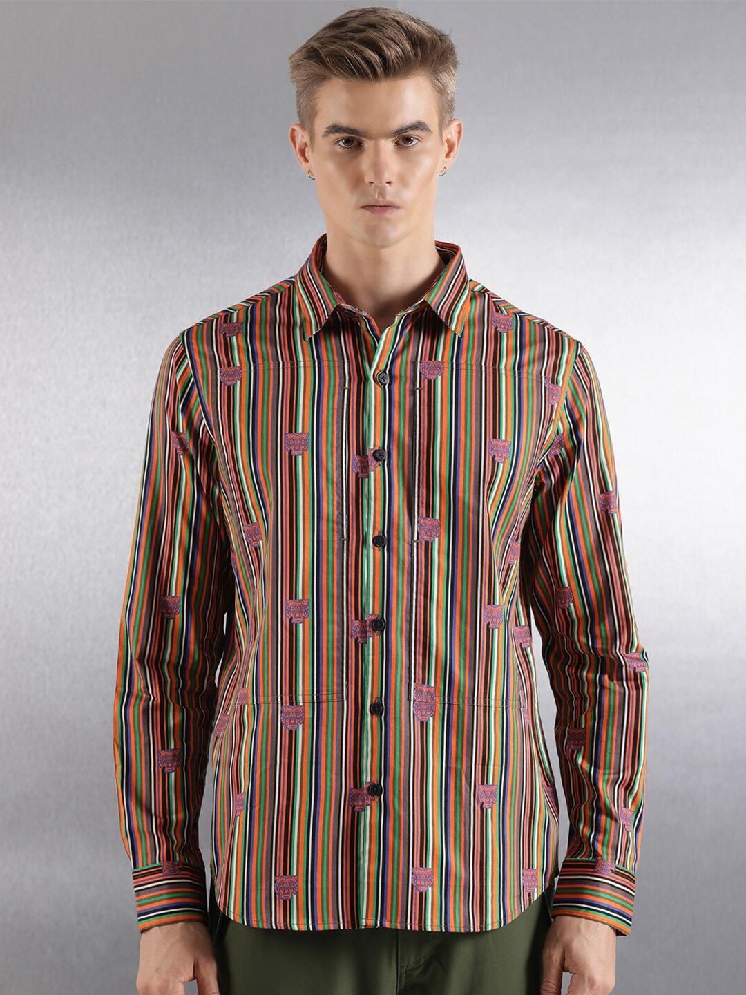 

Breakbounce Boxy Printed Cotton Casual Shirt, Olive
