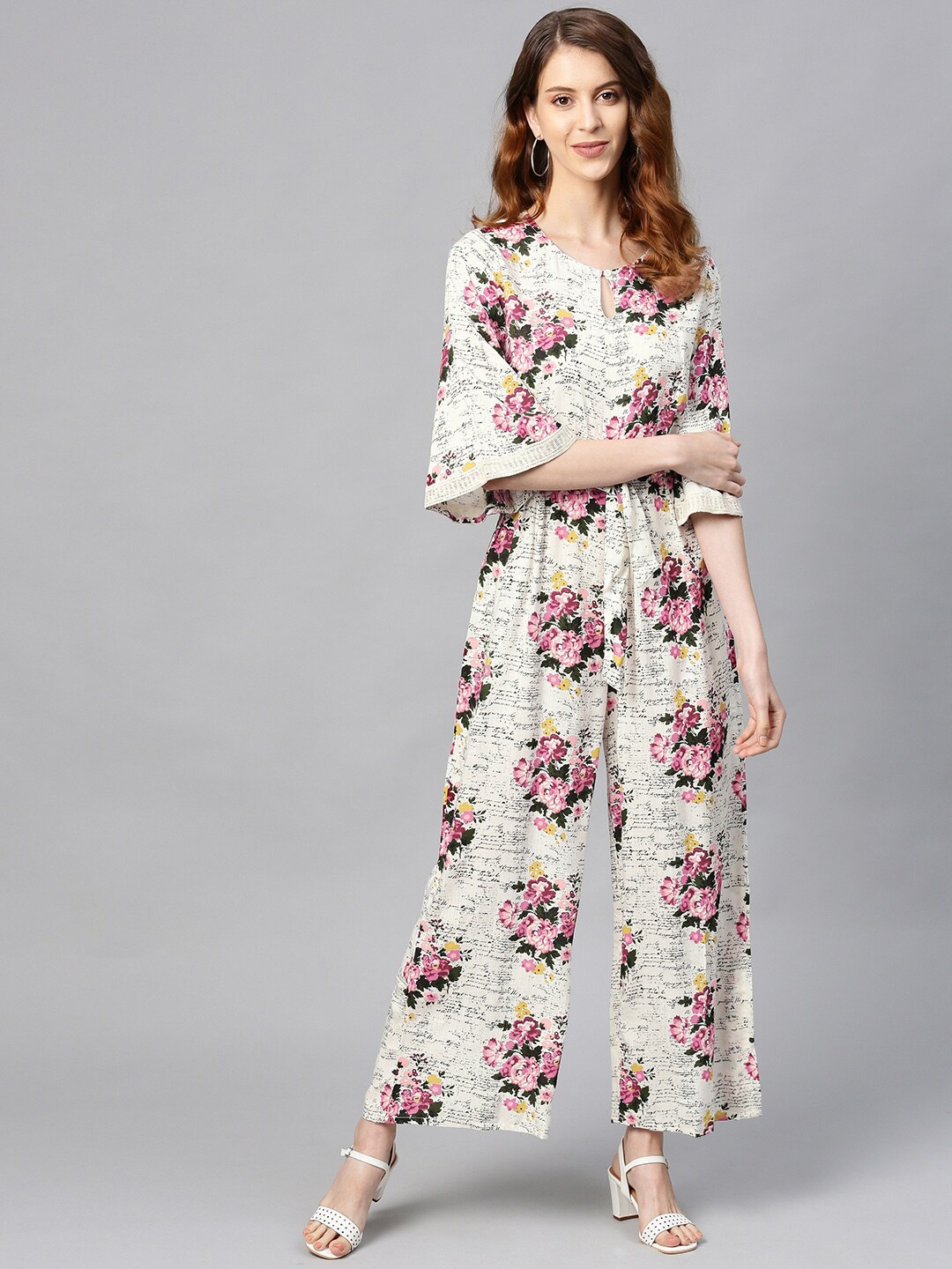 

Juniper Floral Printed Keyhole Neck Basic Jumpsuit, Off white