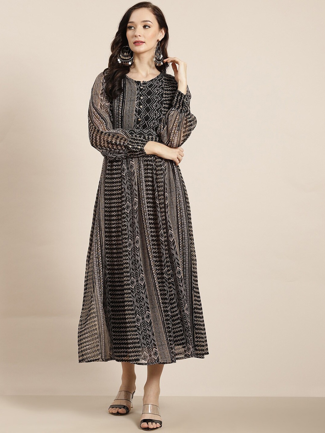 

Juniper Ethnic Motif Printed Fit & Flared Maxi Ethnic Dresses, Black