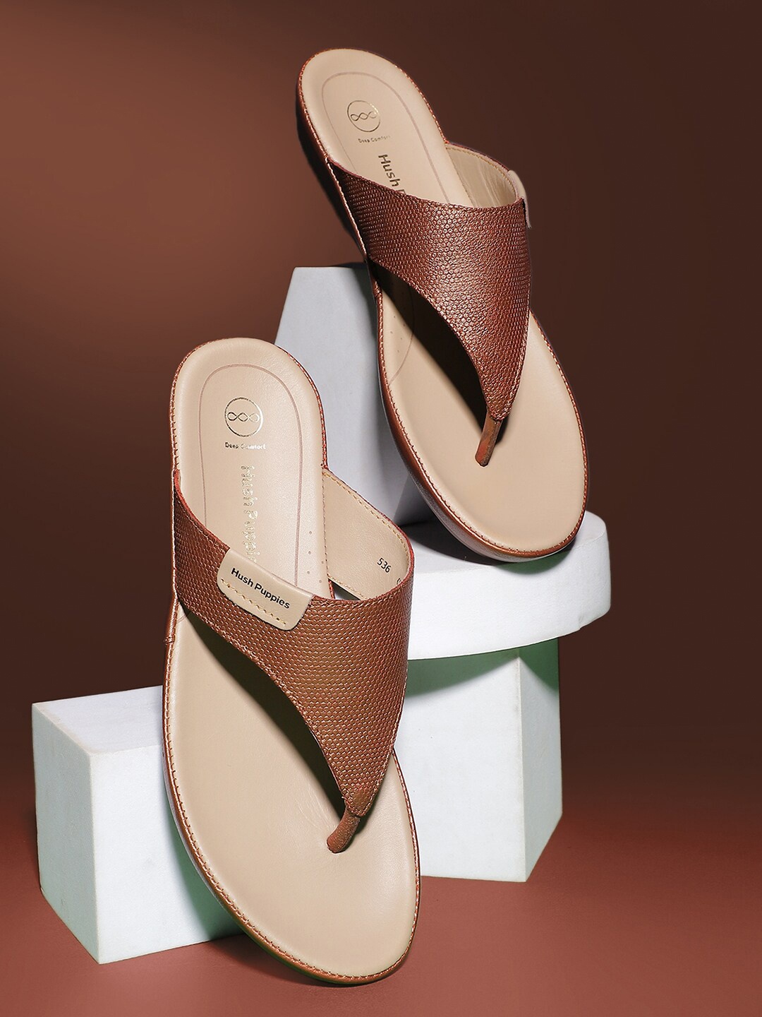 

Hush Puppies Textured Open Toe Rubber T-Strap Flats, Brown