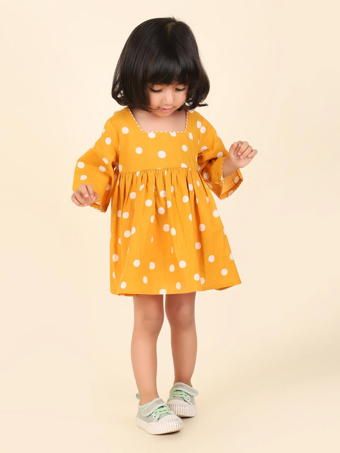 

Fabindia Girls Polka Dot Printed Cotton Fit & Flare Dress, Yellow