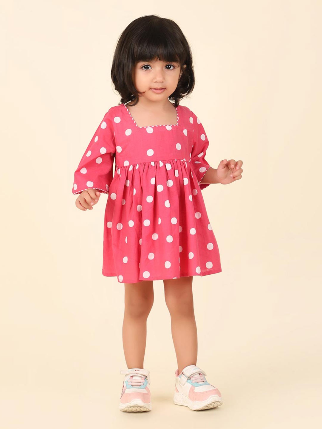 

Fabindia Polka Dot Printed Square Neck Bell Sleeves Fit and Flare Cotton Dress, Pink