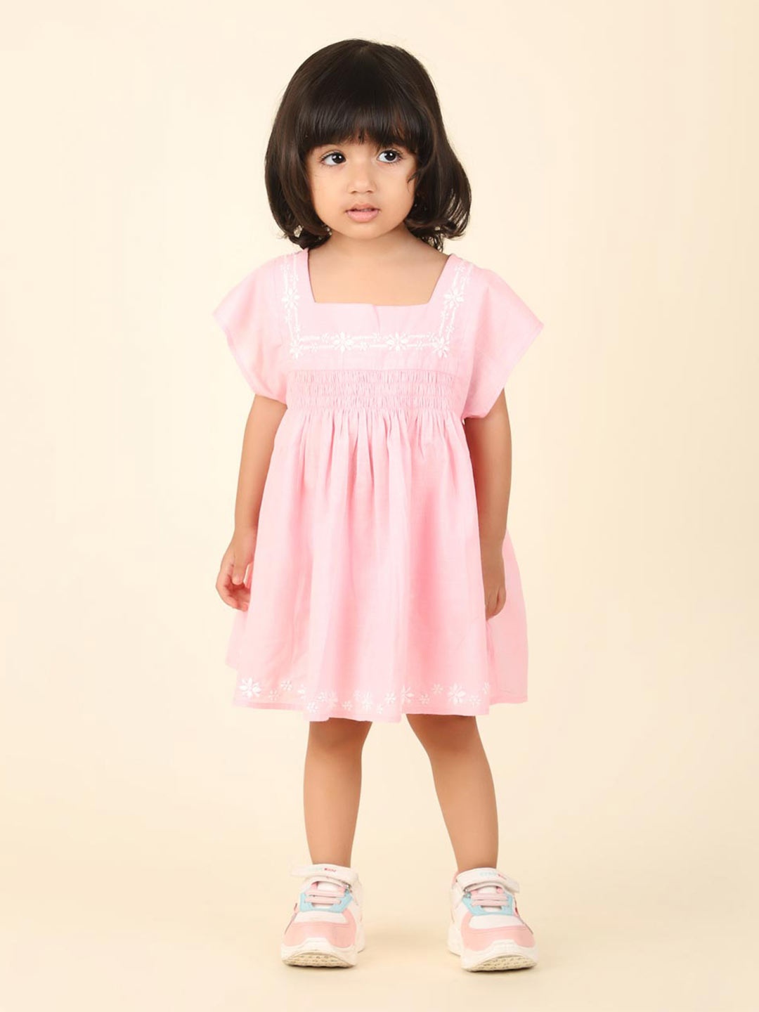 

Fabindia Girls Square Neck Cotton A-Line Dress, Pink