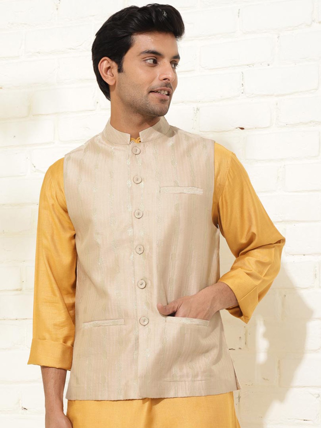 

Fabindia Woven Design Nehru Jacket, Beige
