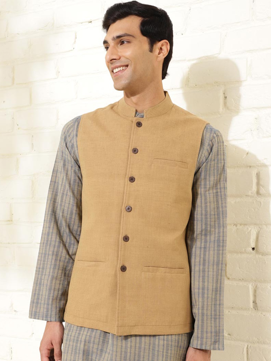 

Fabindia Woven Design Pure Cotton Nehru Jacket, Brown