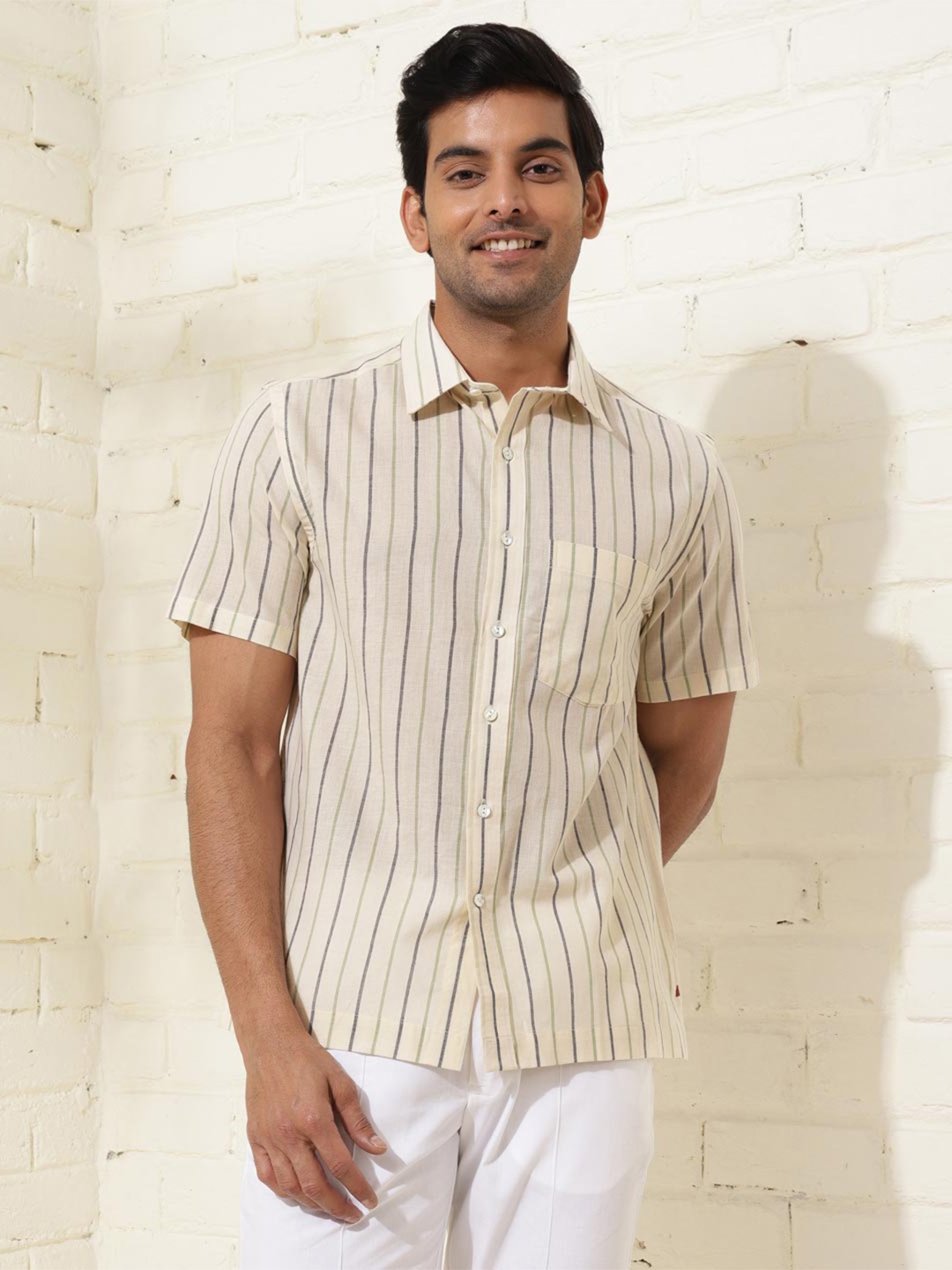 

Fabindia Opaque Striped Cotton Casual Shirt, Off white