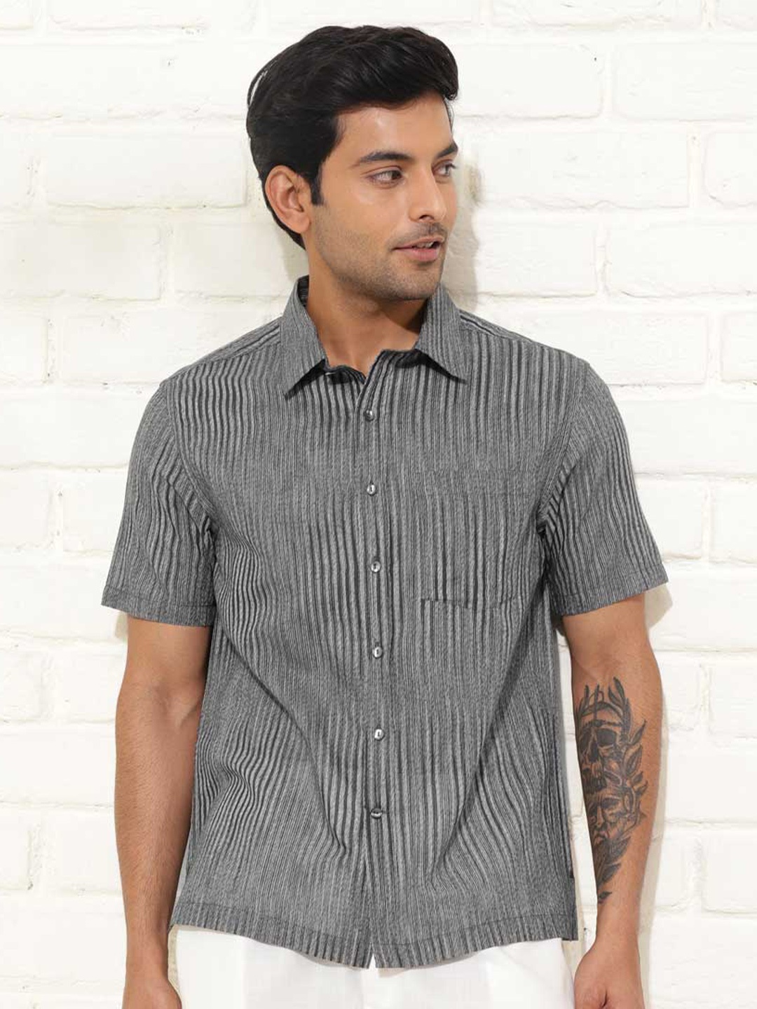 

Fabindia Striped Silk Regular Shirt, Grey