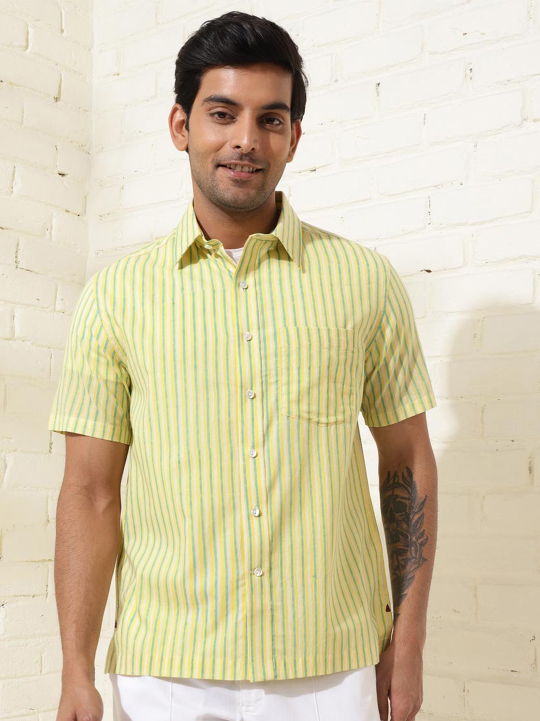 

Fabindia Striped Printed Cotton Casual Shirt, Yellow