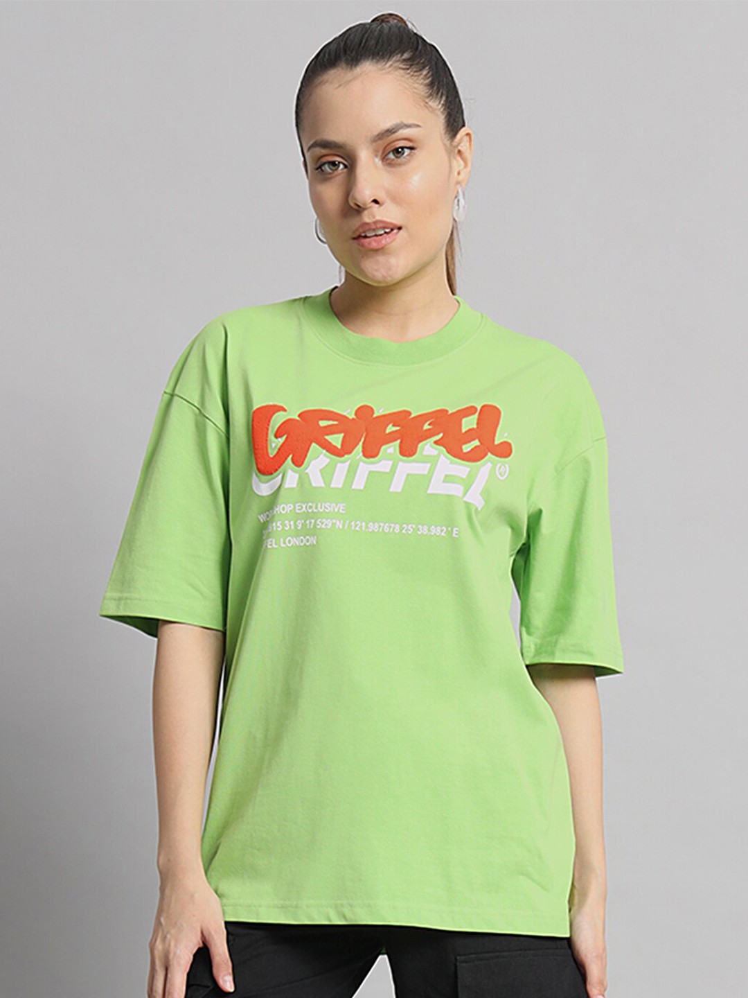 

GRIFFEL Graphic Printed Drop-Shoulder Sleeves Cotton Oversized T-shirt, Green