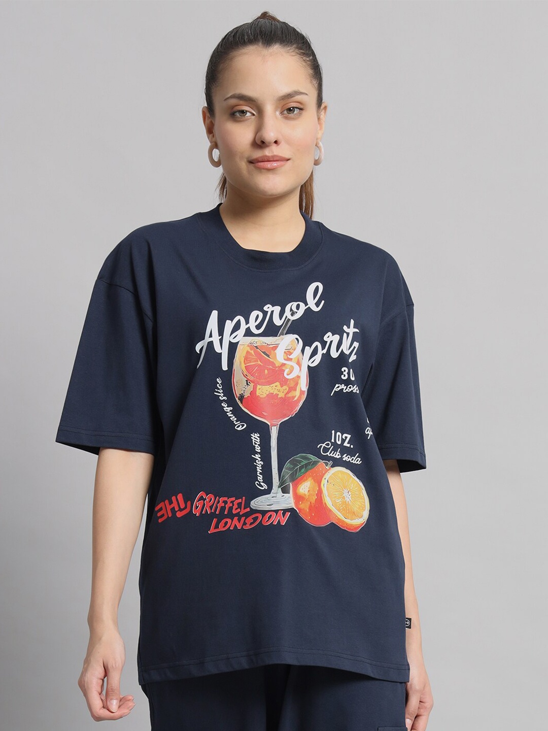 

GRIFFEL Graphic Printed Drop-Shoulder Sleeves Cotton Oversized T-shirt, Navy blue