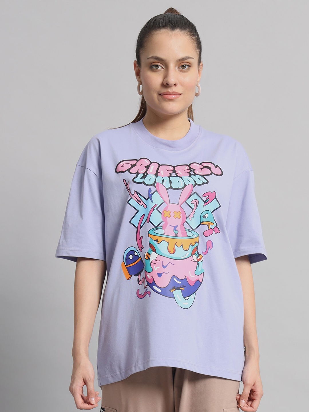 

GRIFFEL Graphic Printed Drop-Shoulder Sleeves Cotton Oversized T-shirt, Mauve