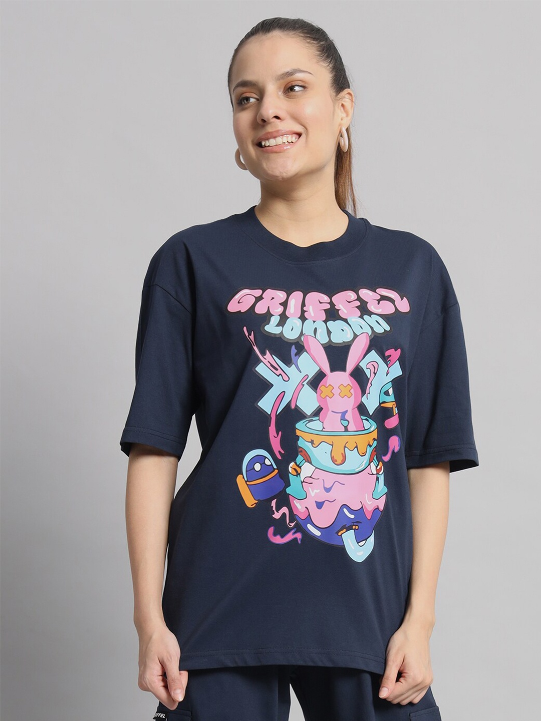 

GRIFFEL Graphic Printed Drop-Shoulder Sleeves Cotton Oversized T-shirt, Navy blue