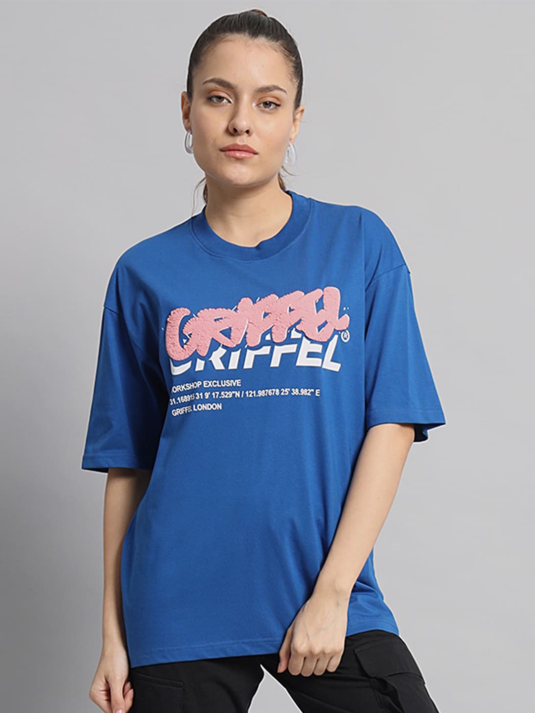 

GRIFFEL Graphic Printed Drop-Shoulder Sleeves Cotton OVersized T-shirt, Blue