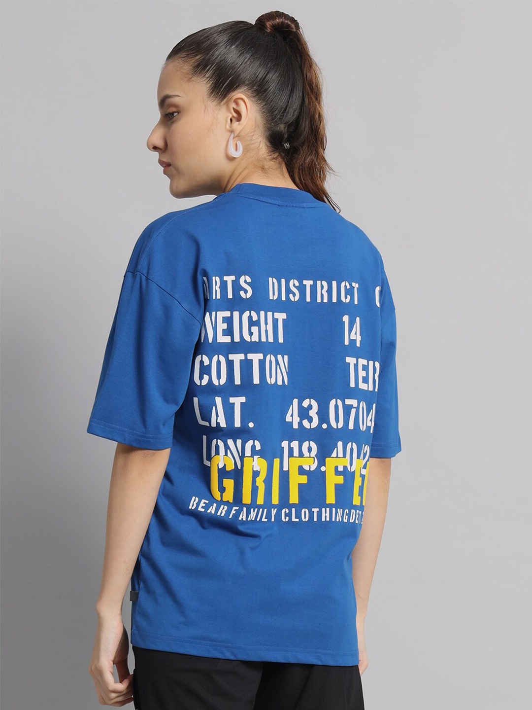 

GRIFFEL Typography Printed Drop-Shoulder Sleeves Cotton Oversized T-shirt, Blue