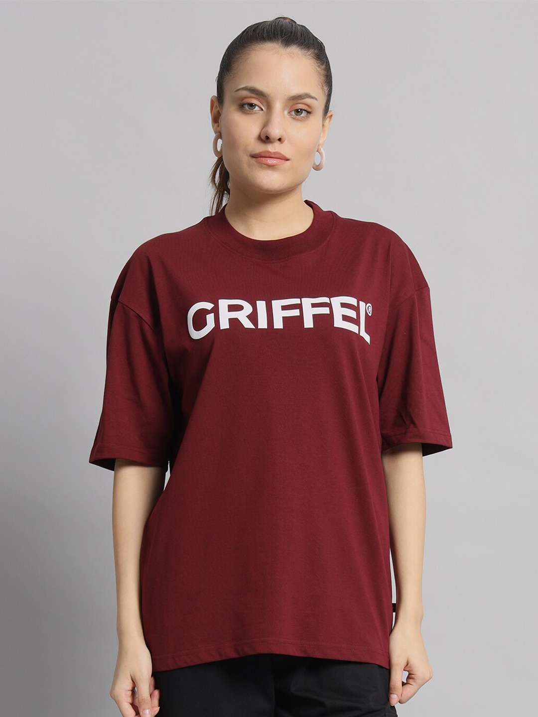 

GRIFFEL Typography Printed Drop-Shoulder Sleeves Cotton OVersized T-shirt, Maroon