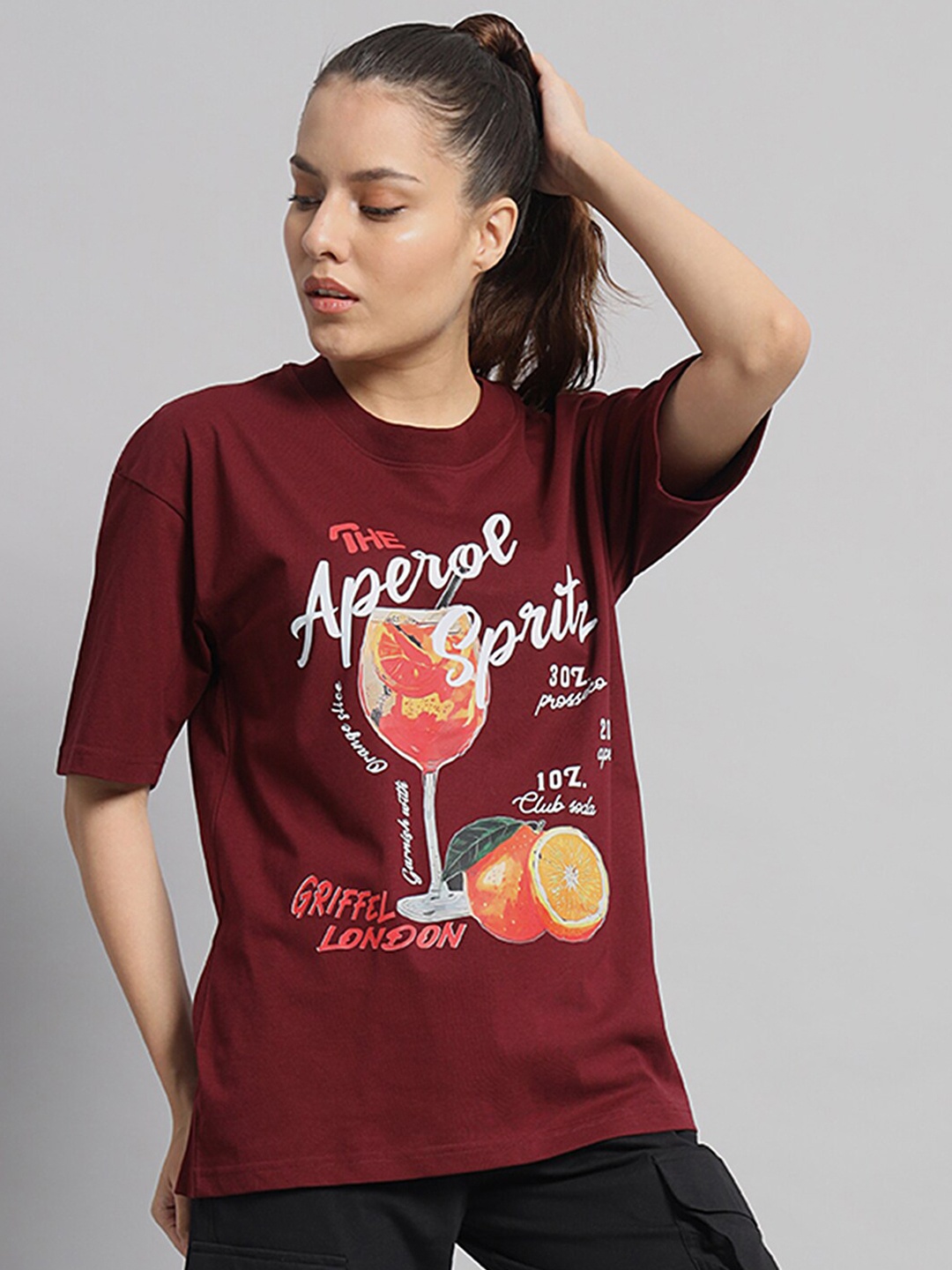 

GRIFFEL Graphic Printed Cotton Oversized T-shirt, Maroon