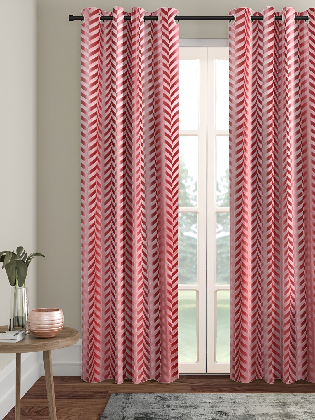 

SOKNACK Red & Pink Geometric Printed Black Out Long Door Curtain