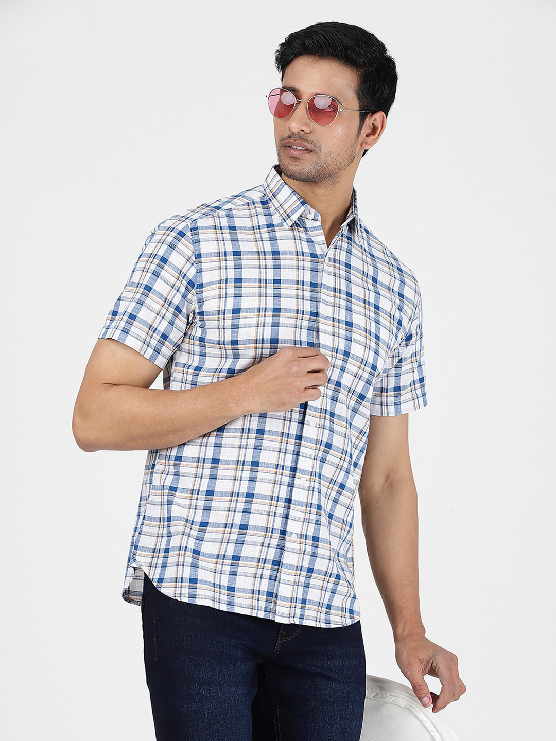 

Greenfibre Slim Fit Checked Cutaway Collar Cotton Casual Shirt, Blue