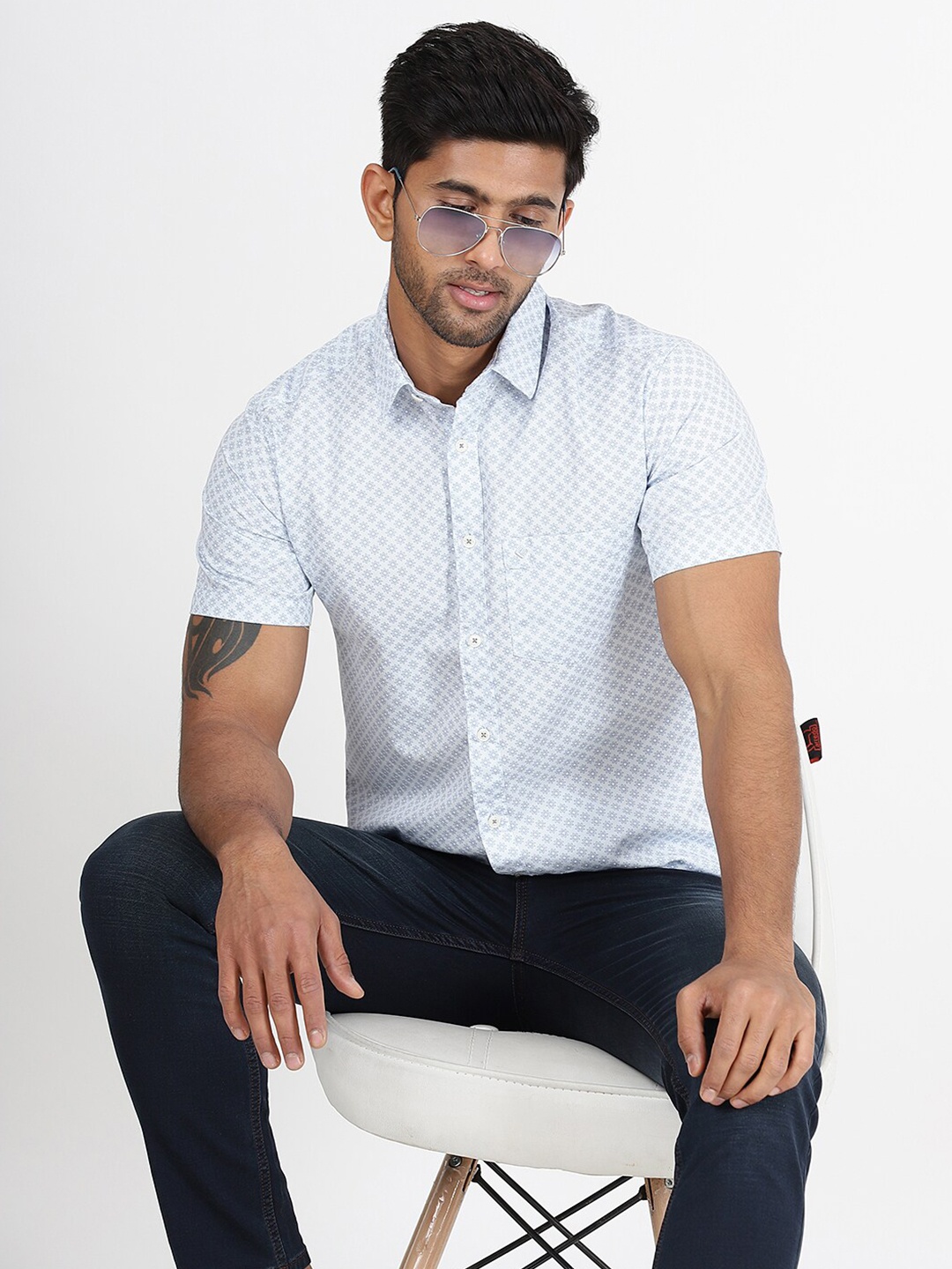 

Greenfibre Slim Fit Opaque Geometric Printed Cotton Casual Shirt, Blue