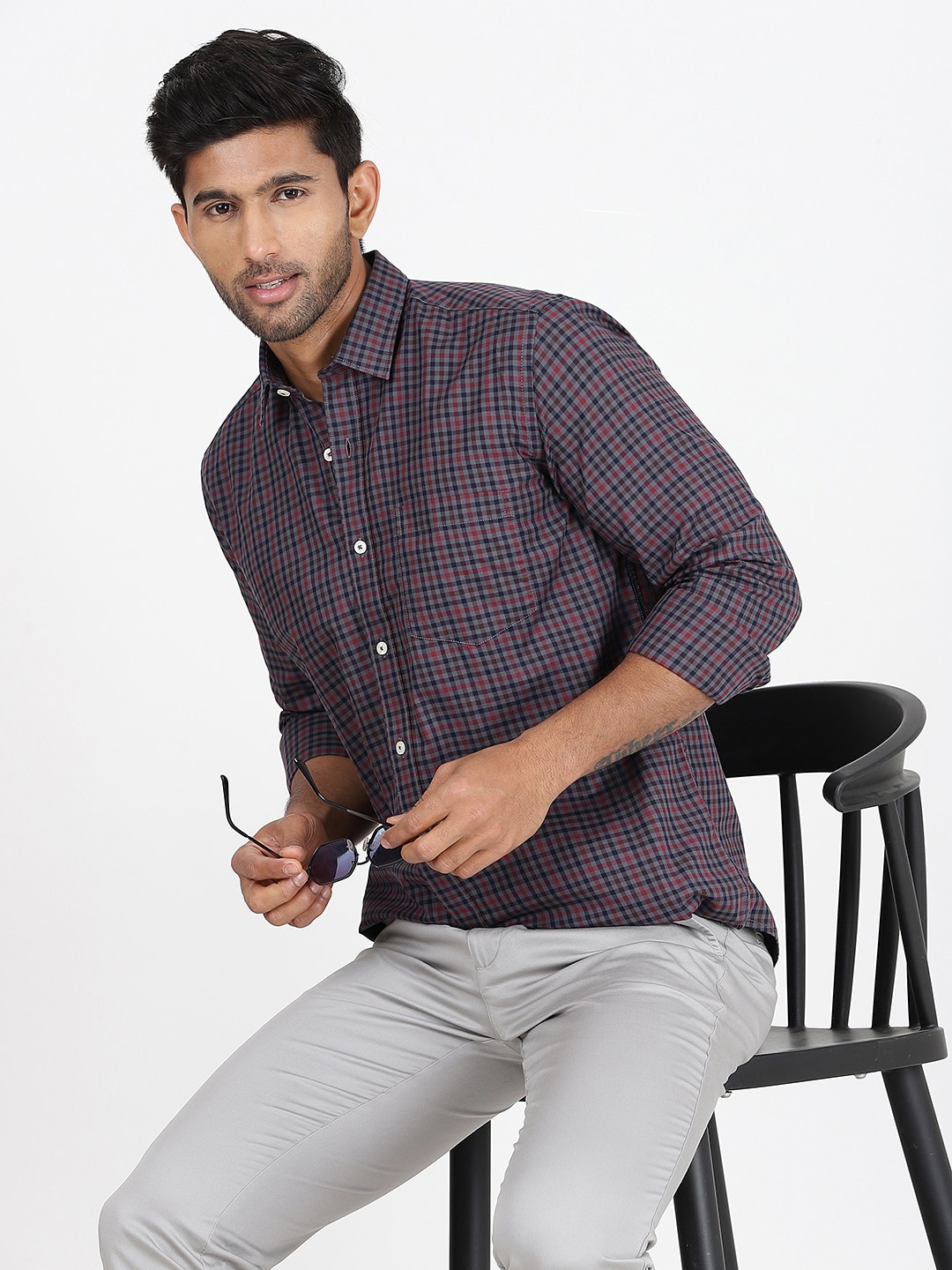 

JADE BLUE Slim Fit Tartan Checked Cotton Casual Shirt, Navy blue