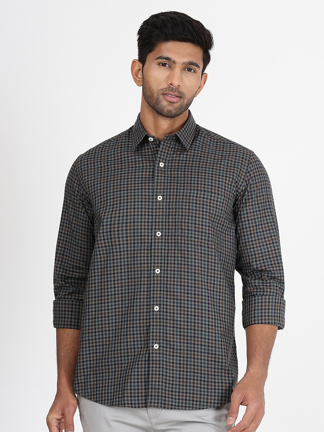 

JADE BLUE Slim Fit Checked Spread Collar Full Sleeves Cotton Shirt, Grey